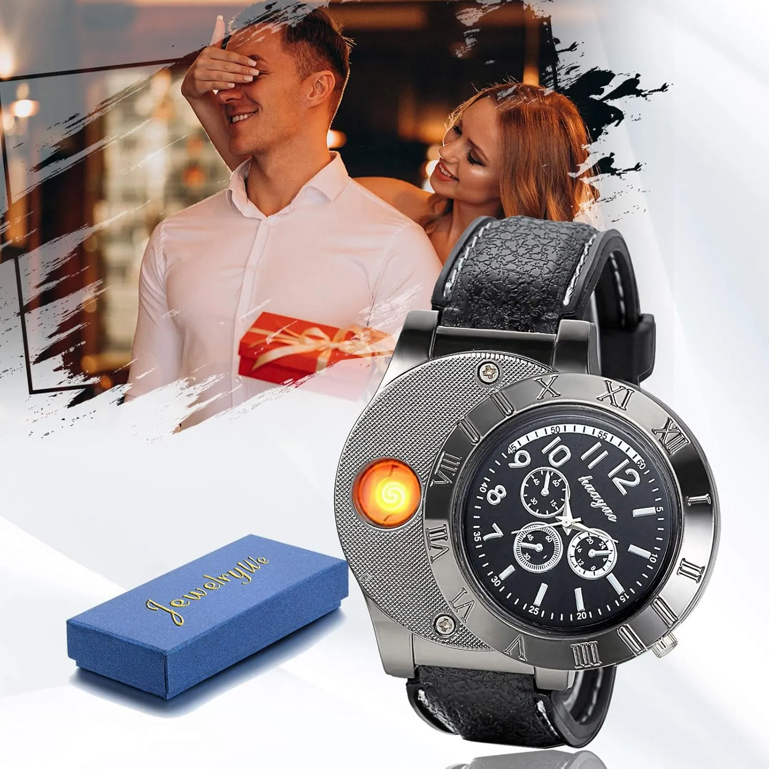 JewelryWe Mens Novelty Cigarette Lighter Watch USB Charging Windproof Quartz Wrist Watch