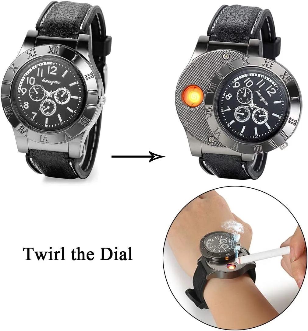 JewelryWe Mens Novelty Cigarette Lighter Watch USB Charging Windproof Quartz Wrist Watch