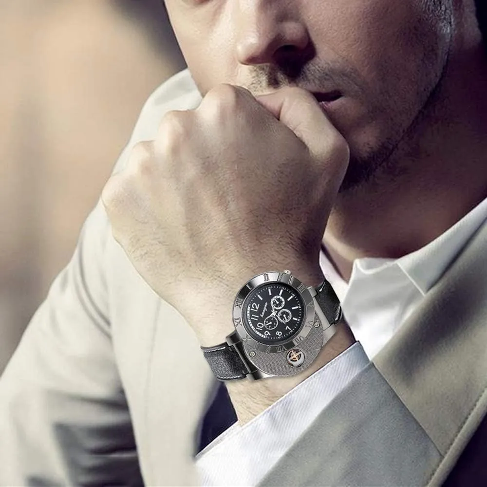 JewelryWe Mens Novelty Cigarette Lighter Watch USB Charging Windproof Quartz Wrist Watch
