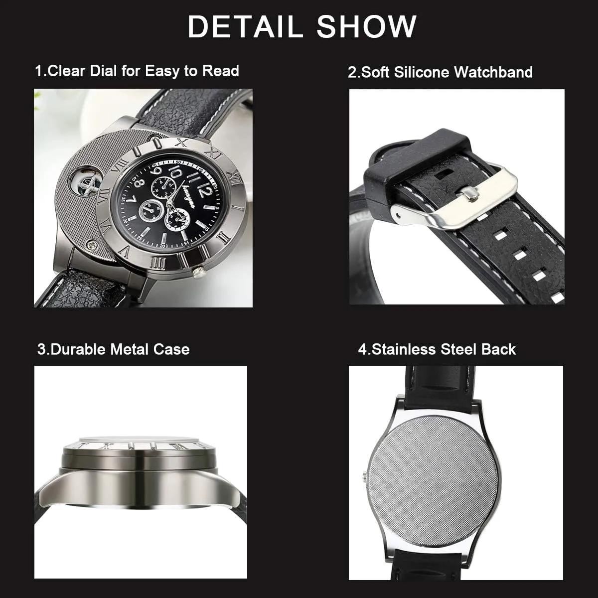 JewelryWe Mens Novelty Cigarette Lighter Watch USB Charging Windproof Quartz Wrist Watch