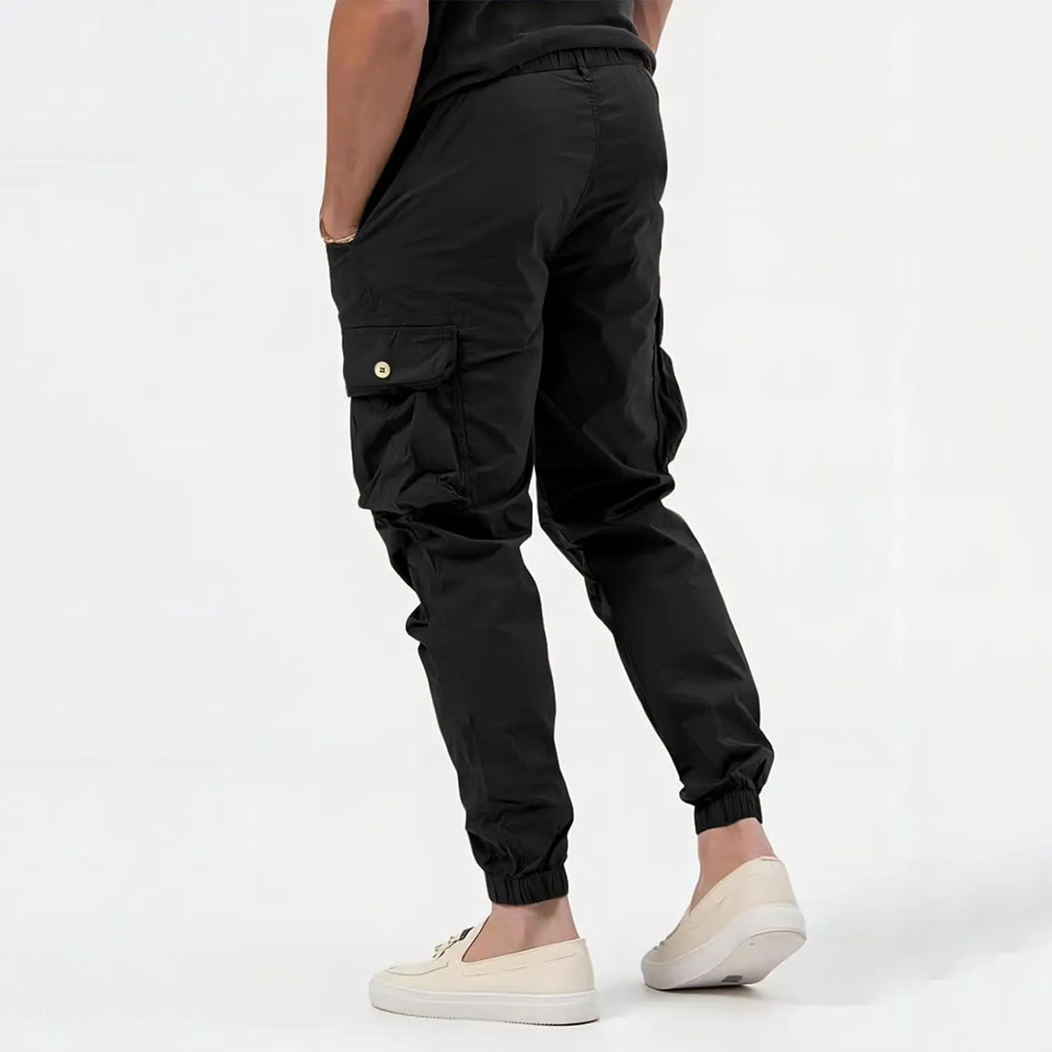 Jogger Cargo Pants Men Elastic Waist Work Pants Casual Plain Tapered Trousers Outdoor Sports Pants with Button Pocket