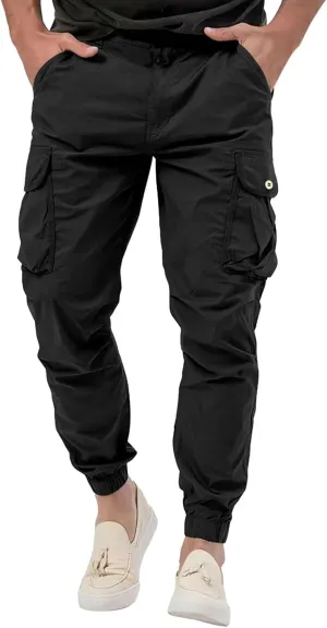 Jogger Cargo Pants Men Elastic Waist Work Pants Casual Plain Tapered Trousers Outdoor Sports Pants with Button Pocket