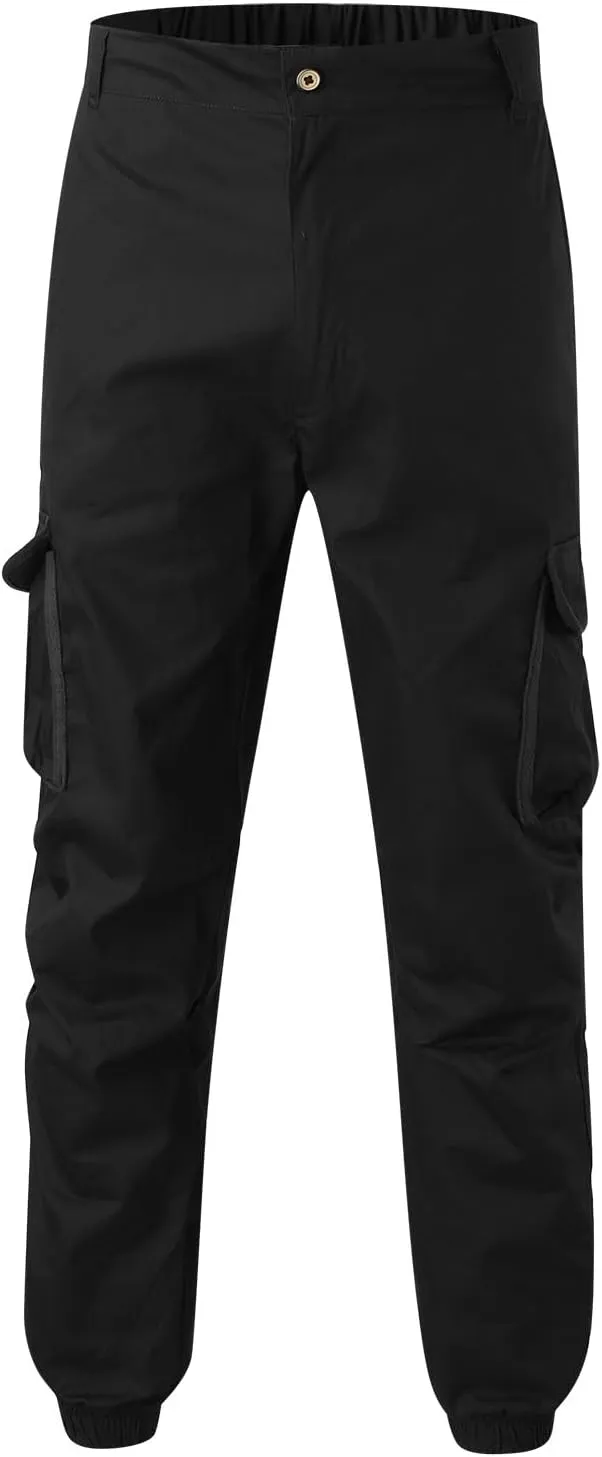 Jogger Cargo Pants Men Elastic Waist Work Pants Casual Plain Tapered Trousers Outdoor Sports Pants with Button Pocket