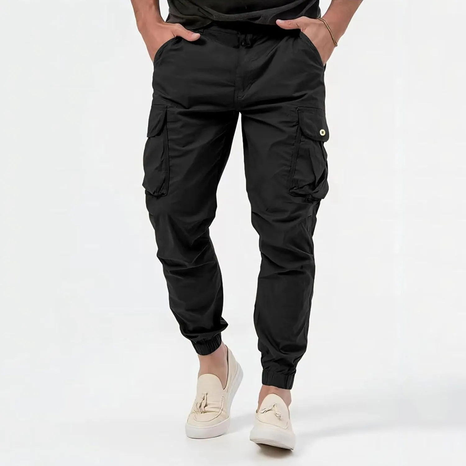 Jogger Cargo Pants Men Elastic Waist Work Pants Casual Plain Tapered Trousers Outdoor Sports Pants with Button Pocket
