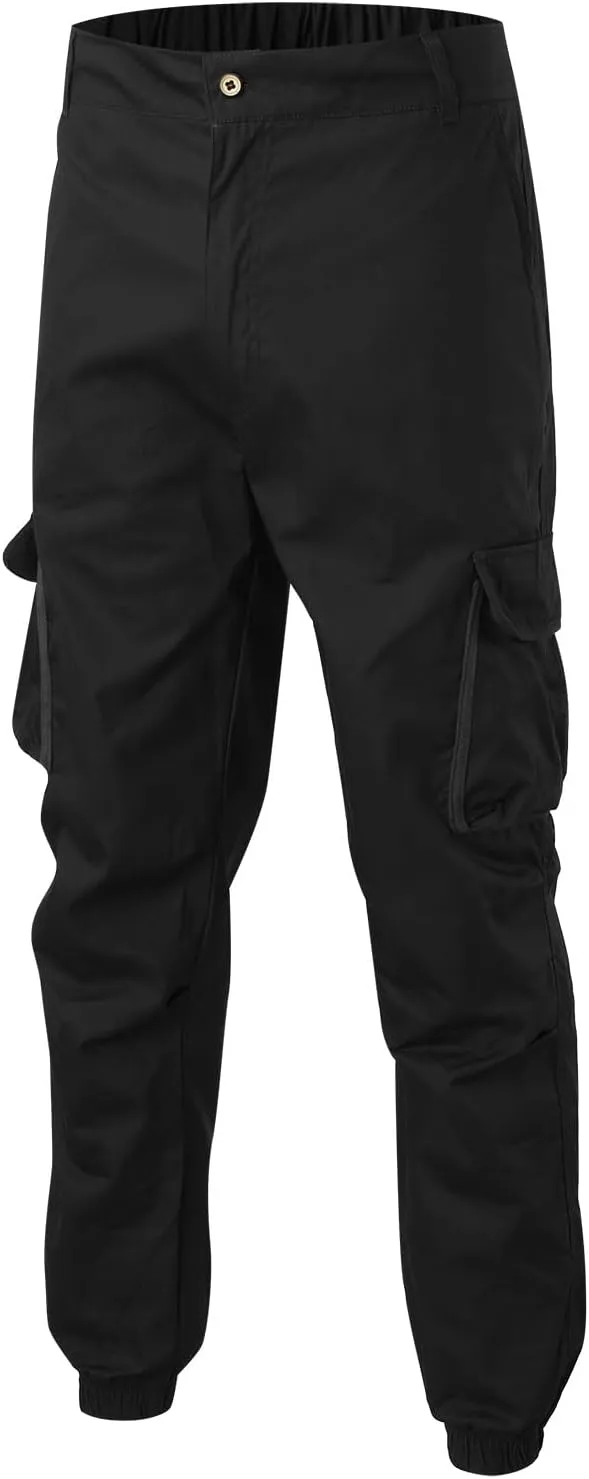 Jogger Cargo Pants Men Elastic Waist Work Pants Casual Plain Tapered Trousers Outdoor Sports Pants with Button Pocket