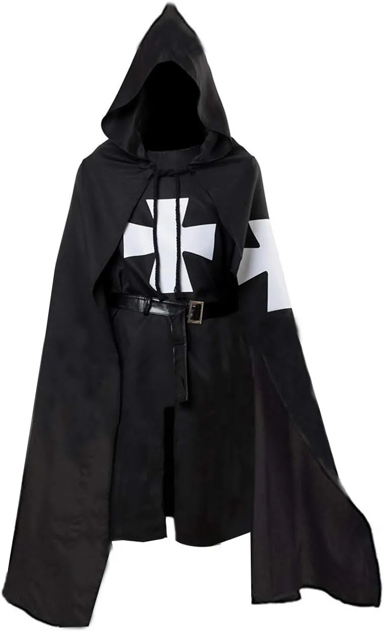 JOYSHOP Adult Halloween Medieval Costume Robe Knights Templar Costume Cloak Hospitaller Tunic Cloak Cape with Maltese Cross (Large, Black)