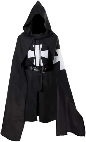 JOYSHOP Adult Halloween Medieval Costume Robe Knights Templar Costume Cloak Hospitaller Tunic Cloak Cape with Maltese Cross (Small, Black)