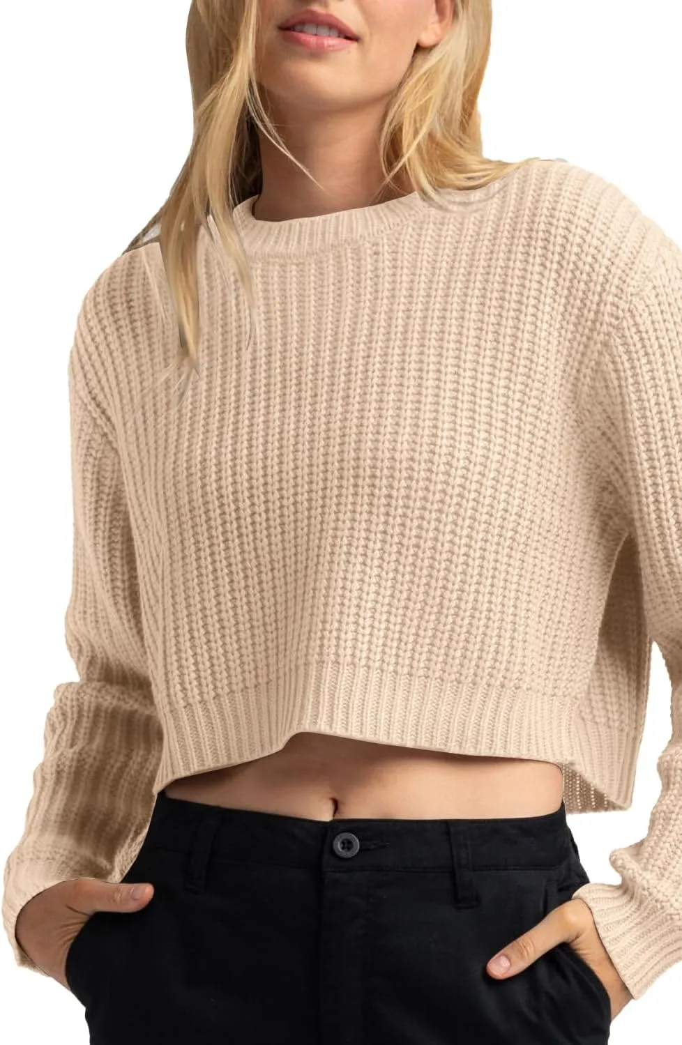 Jumppmile Women's Cropped Sweater Knit Long Sleeve Crewneck Soft Pullover Sweater Top