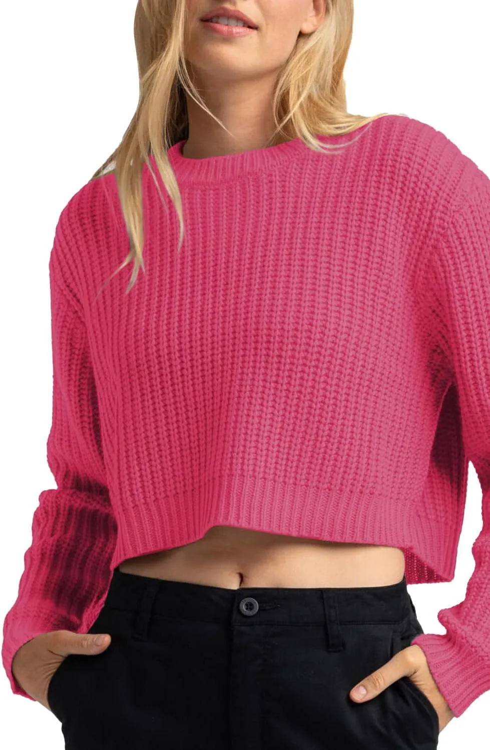 Jumppmile Women's Cropped Sweater Knit Long Sleeve Crewneck Soft Pullover Sweater Top