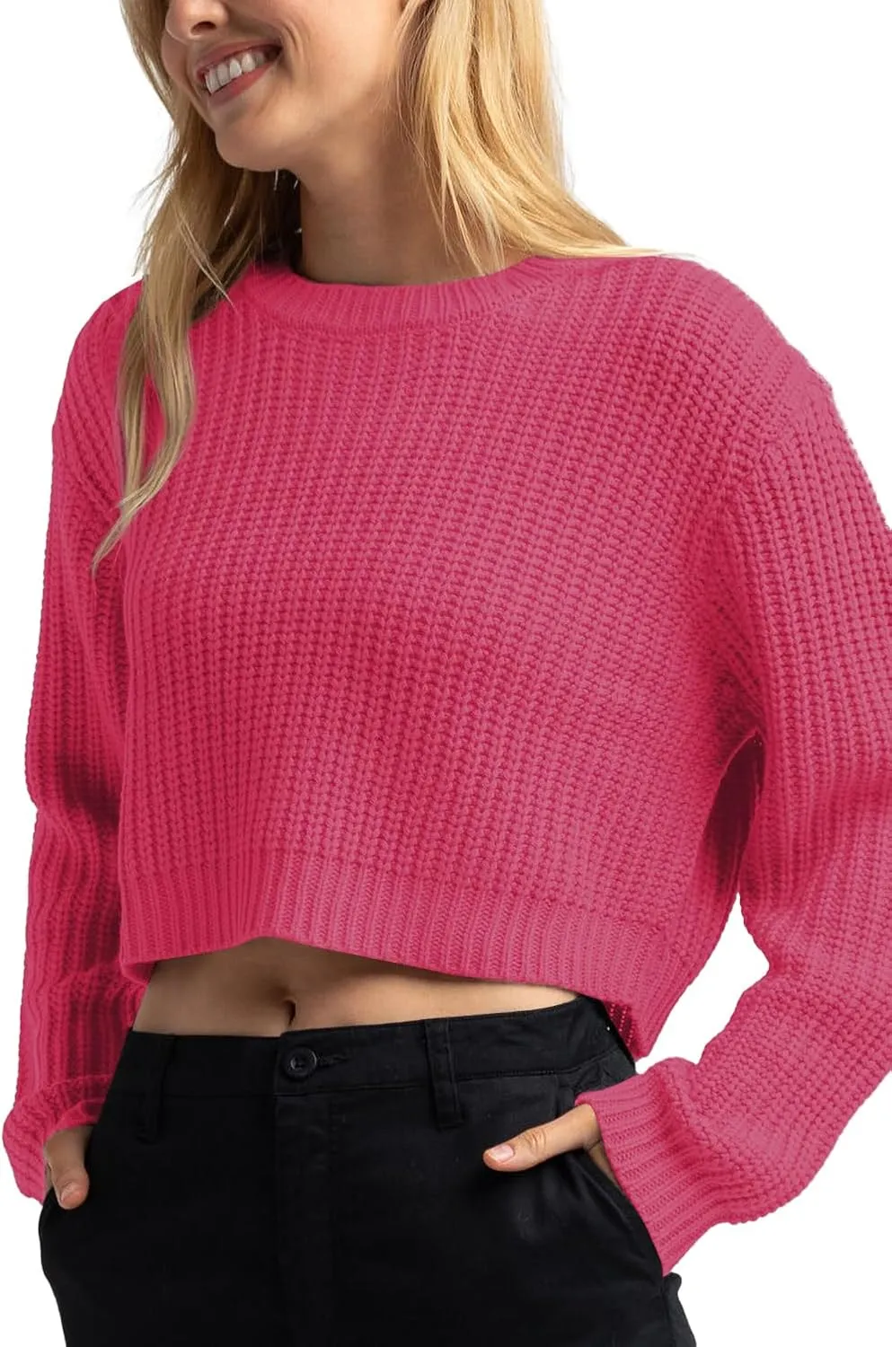 Jumppmile Women's Cropped Sweater Knit Long Sleeve Crewneck Soft Pullover Sweater Top