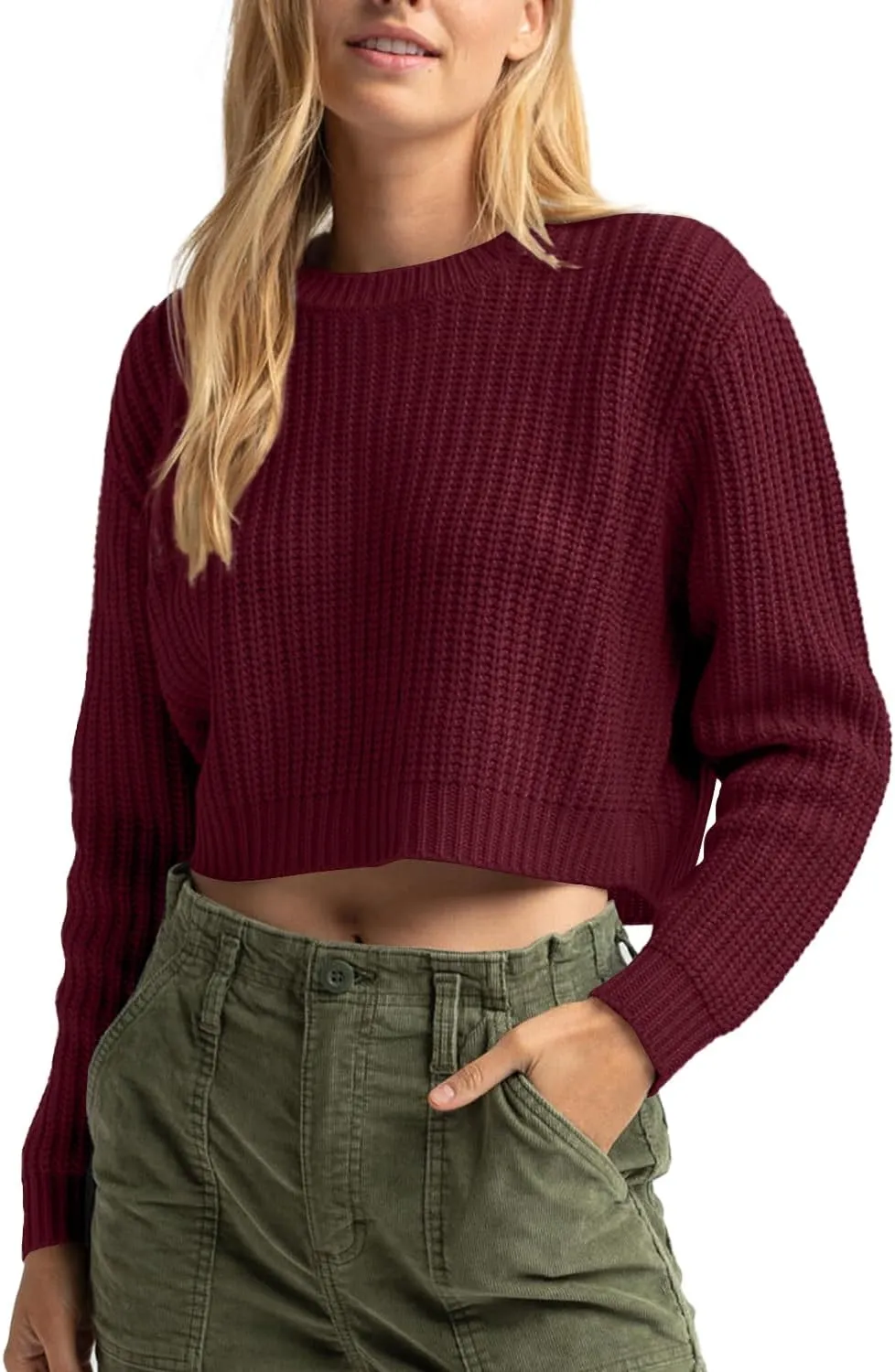 Jumppmile Women's Cropped Sweater Knit Long Sleeve Crewneck Soft Pullover Sweater Top