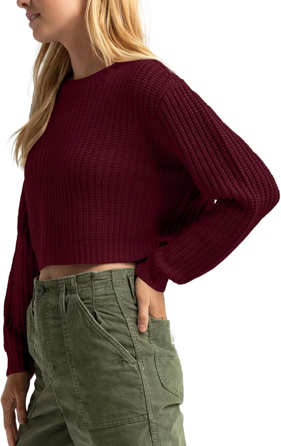 Jumppmile Women's Cropped Sweater Knit Long Sleeve Crewneck Soft Pullover Sweater Top