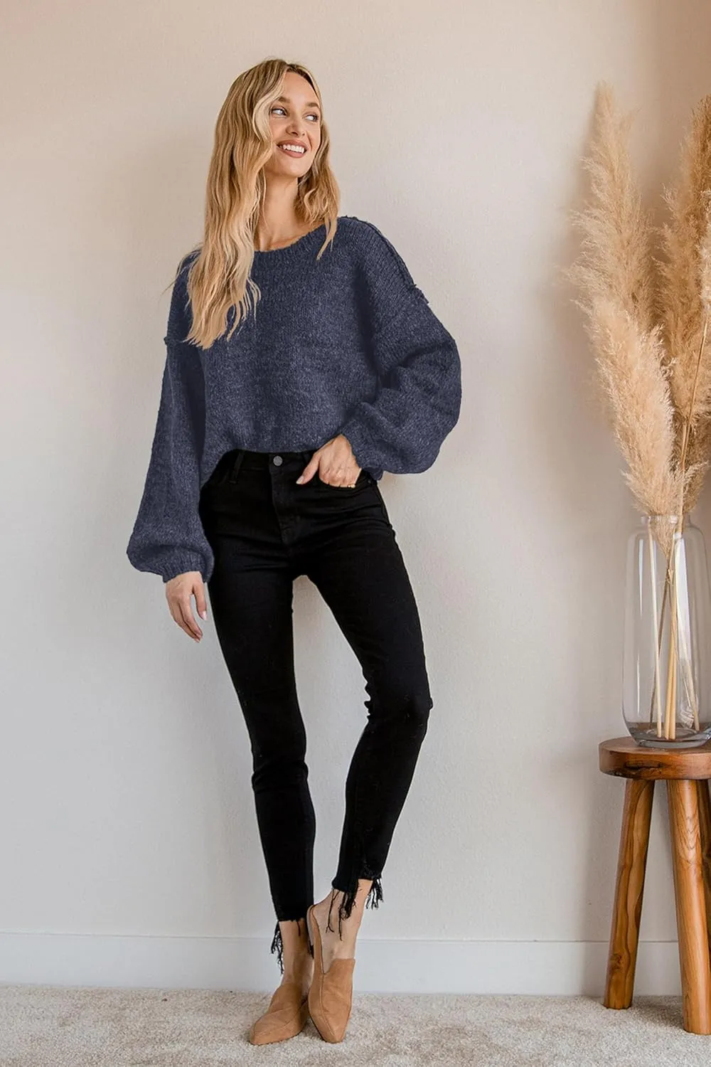 Jumppmile Women's Cropped Sweater Top Crewneck Long Sleeve Knit Fall Pullover Sweater