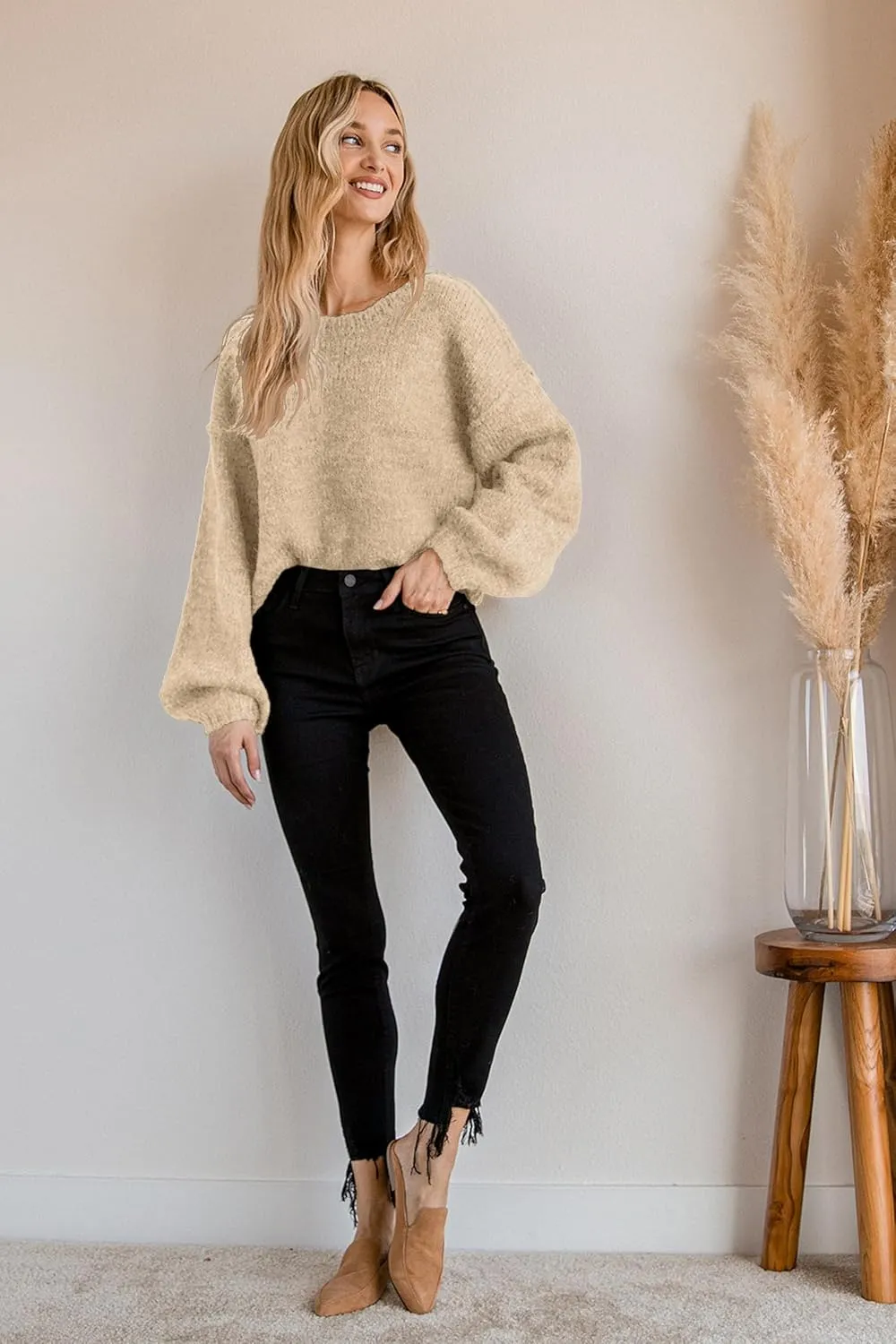Jumppmile Women's Cropped Sweater Top Crewneck Long Sleeve Knit Fall Pullover Sweater