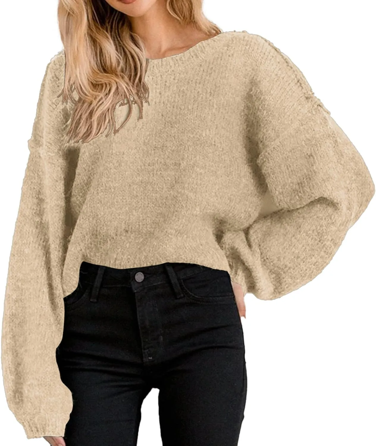 Jumppmile Women's Cropped Sweater Top Crewneck Long Sleeve Knit Fall Pullover Sweater