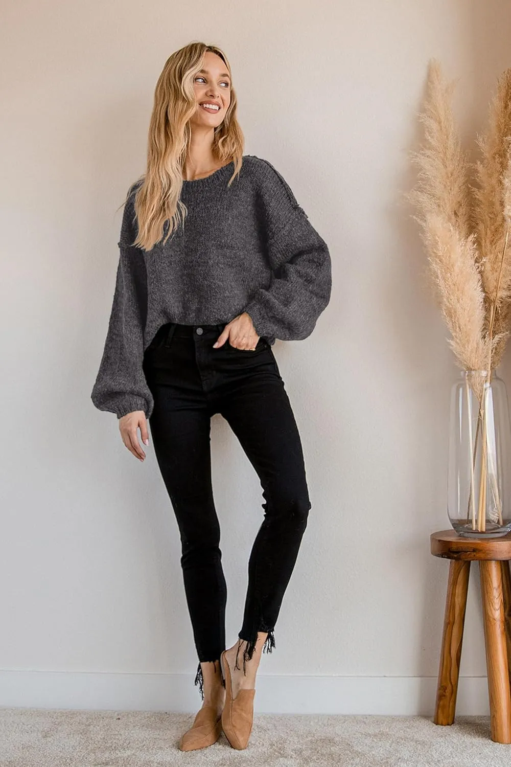 Jumppmile Women's Cropped Sweater Top Crewneck Long Sleeve Knit Fall Pullover Sweater
