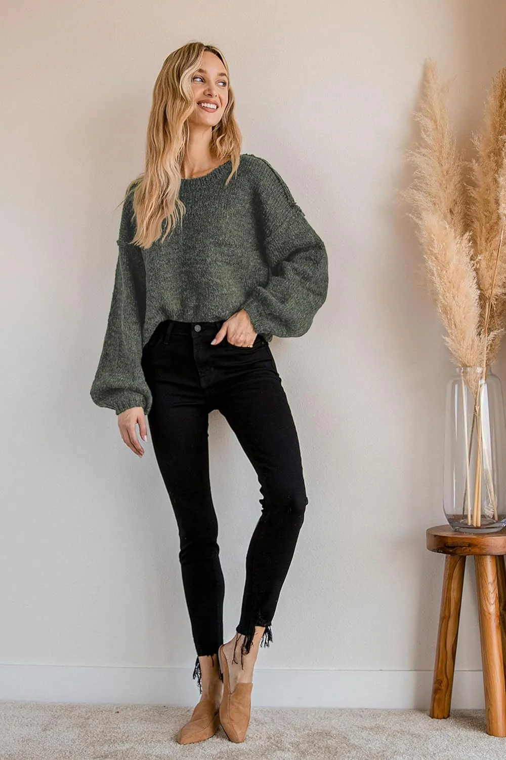 Jumppmile Women's Cropped Sweater Top Crewneck Long Sleeve Knit Fall Pullover Sweater