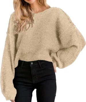 Jumppmile Women's Cropped Sweater Top Crewneck Long Sleeve Knit Fall Pullover Sweater