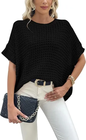 Jumppmile Women's Short Sleeve Waffle Knit Batwing Sleeve Sweater Pullover Sleeveless Oversized Sweater