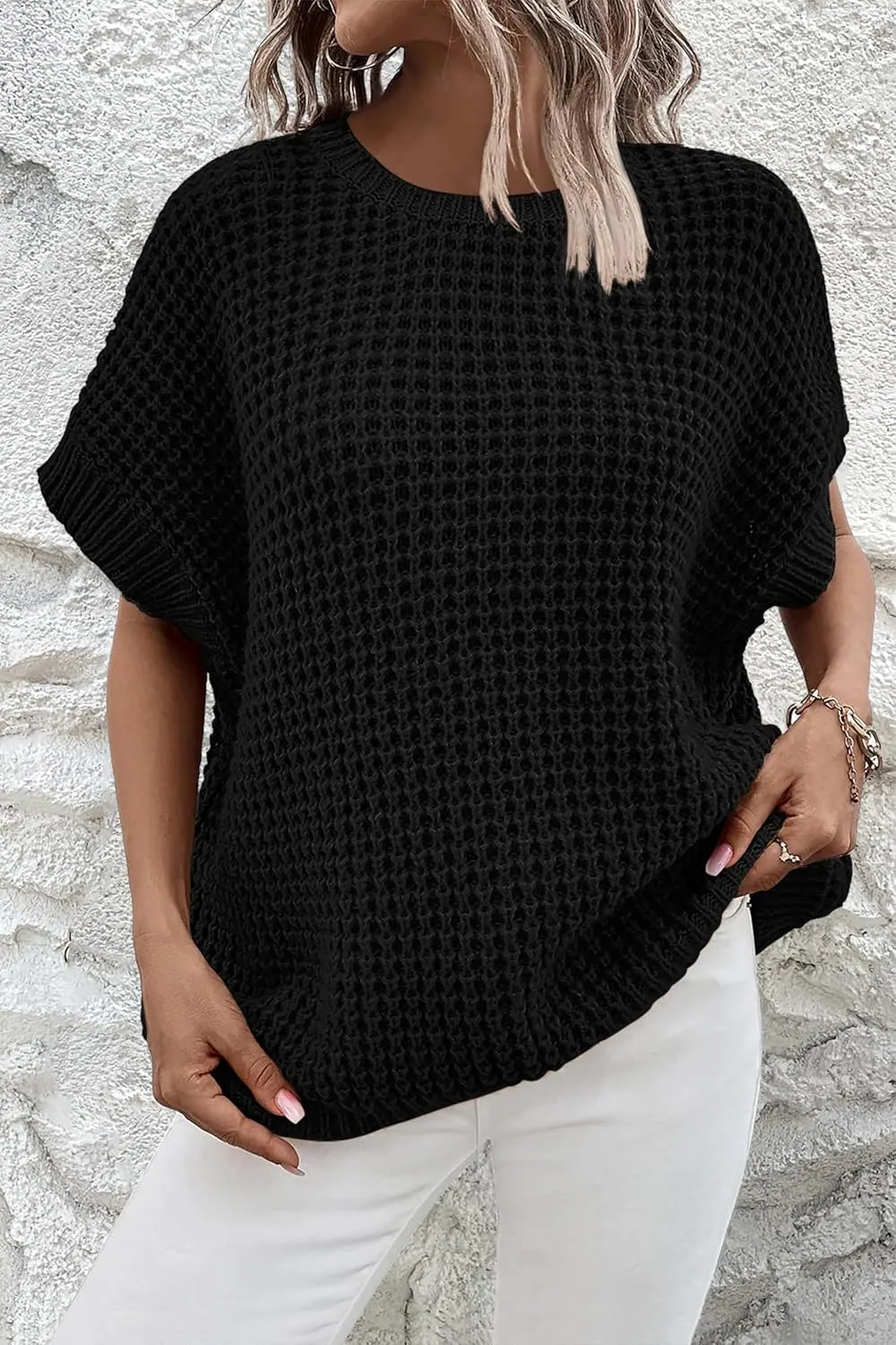 Jumppmile Women's Short Sleeve Waffle Knit Batwing Sleeve Sweater Pullover Sleeveless Oversized Sweater