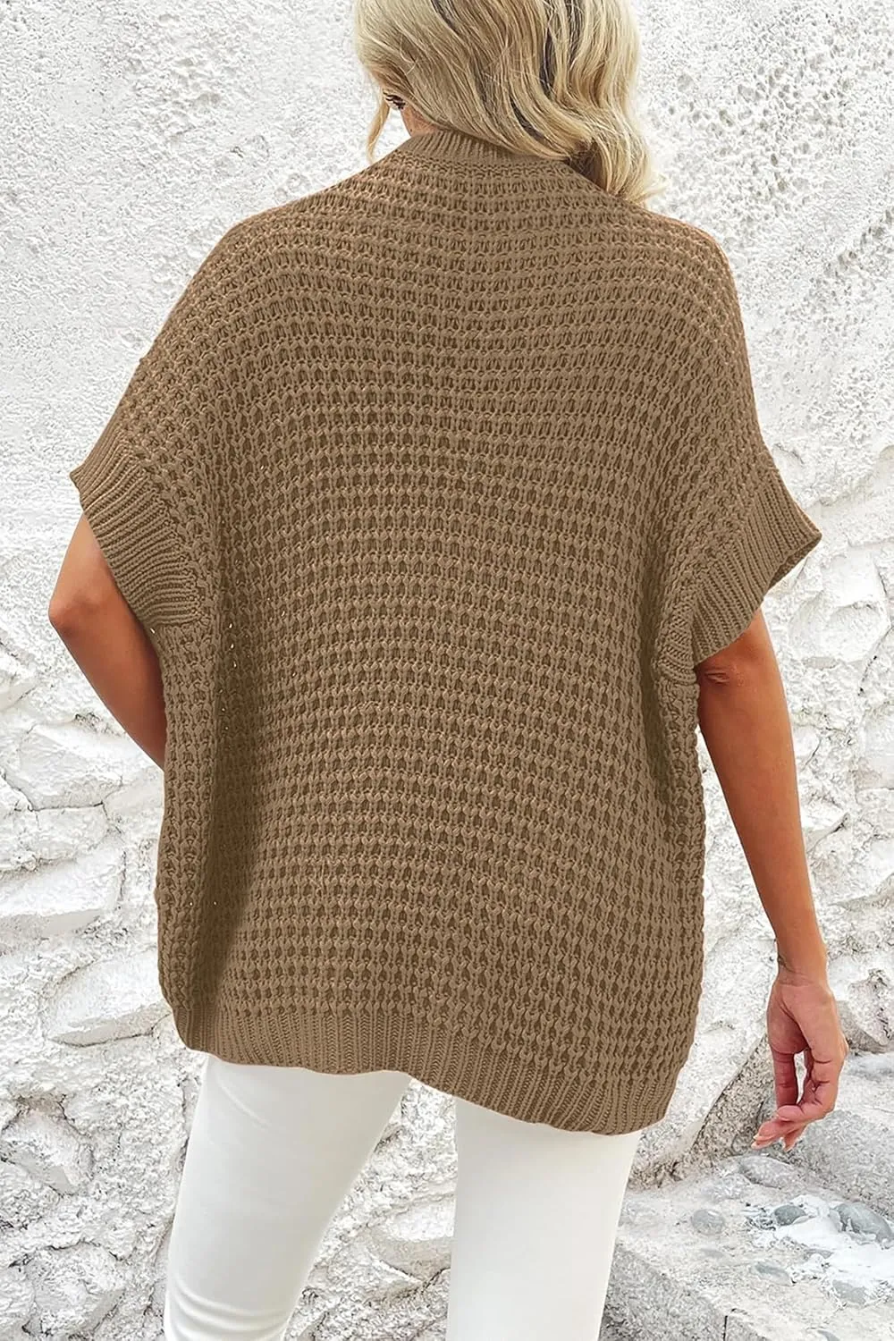 Jumppmile Women's Short Sleeve Waffle Knit Batwing Sleeve Sweater Pullover Sleeveless Oversized Sweater