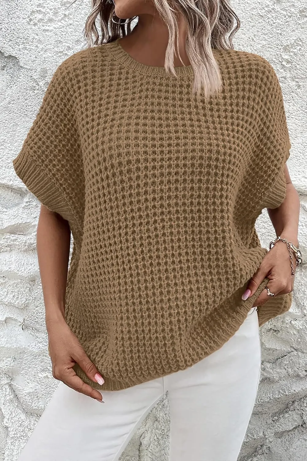 Jumppmile Women's Short Sleeve Waffle Knit Batwing Sleeve Sweater Pullover Sleeveless Oversized Sweater