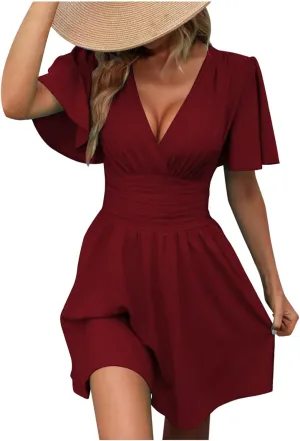 Juniors Flounce Sleeve Slim Tunics Dresses for Women Deep V Neck Sexy Low Cut Ruched Mini Short Summer Fall 2025