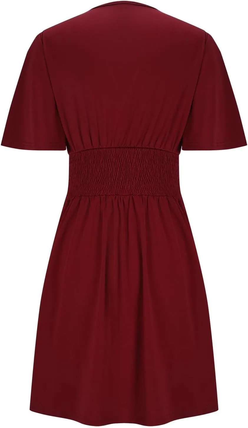 Juniors Flounce Sleeve Slim Tunics Dresses for Women Deep V Neck Sexy Low Cut Ruched Mini Short Summer Fall 2025