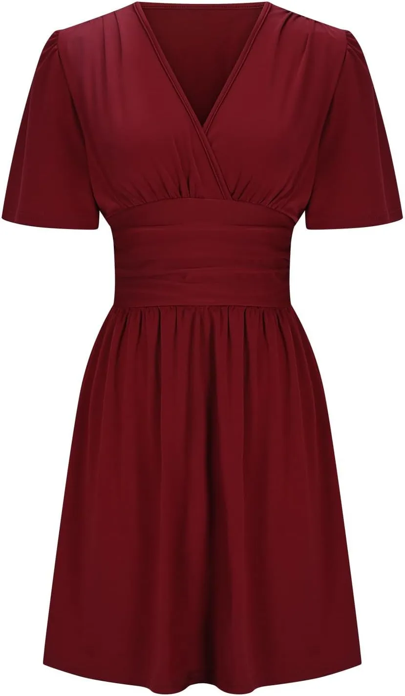 Juniors Flounce Sleeve Slim Tunics Dresses for Women Deep V Neck Sexy Low Cut Ruched Mini Short Summer Fall 2025