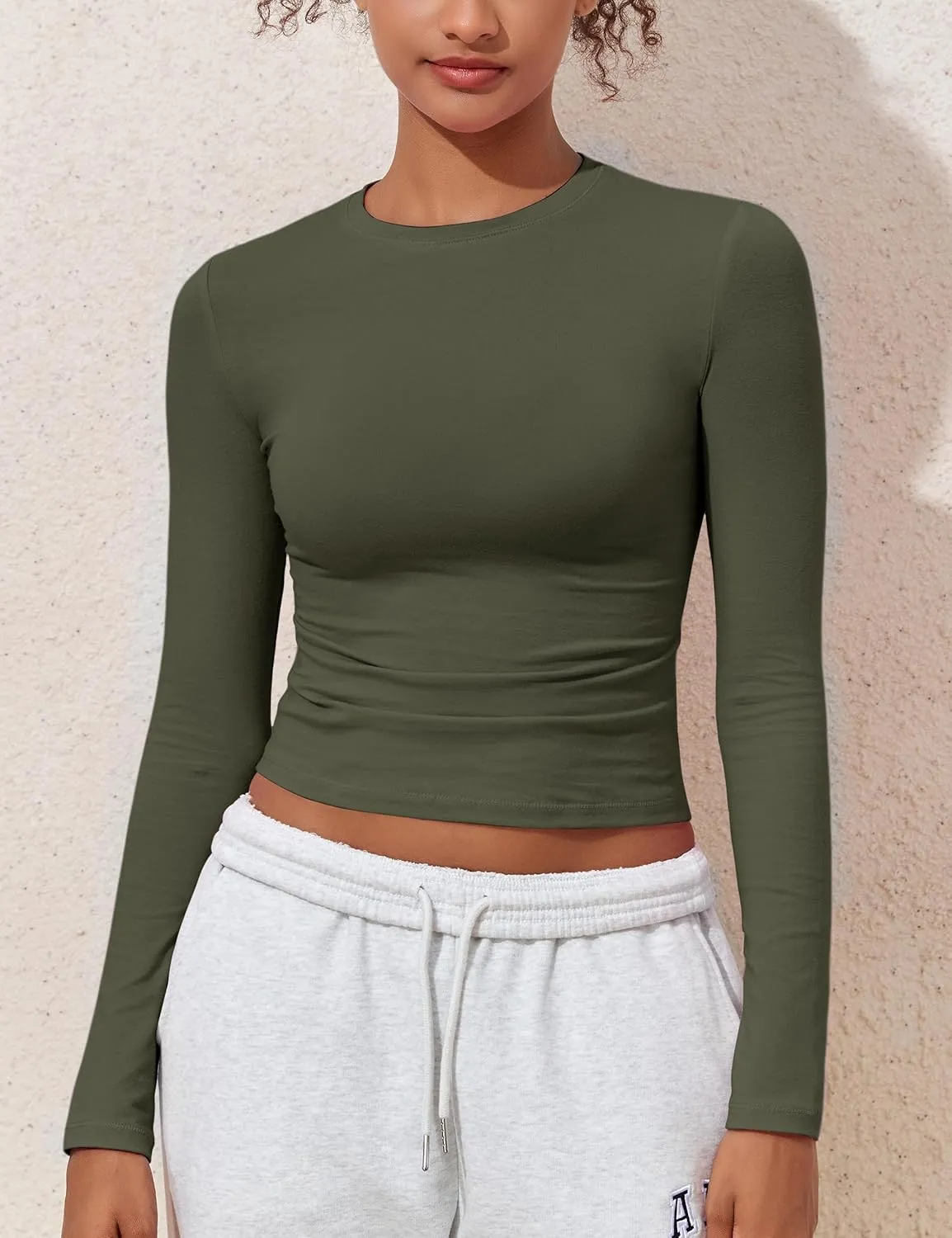 kayamiya Women's Basic Long Sleeve Cotton Shirts Tight Fit Fall Crewneck Trendy Y2K Crop Tops