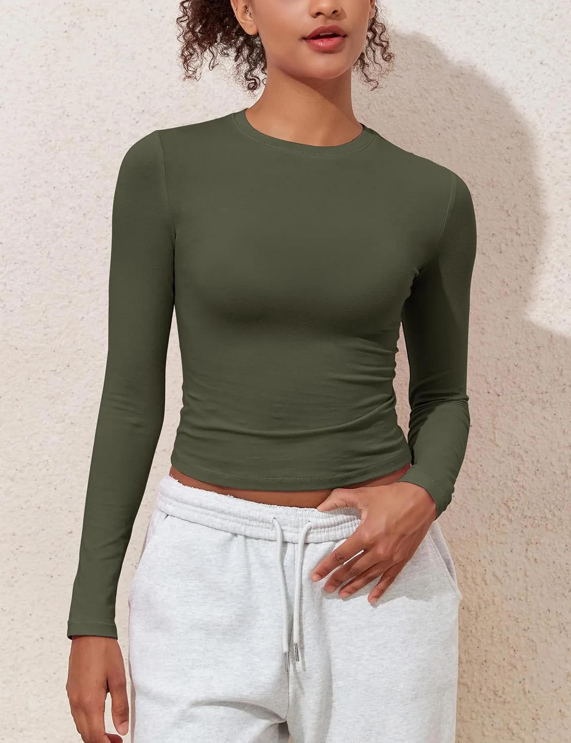 kayamiya Women's Basic Long Sleeve Cotton Shirts Tight Fit Fall Crewneck Trendy Y2K Crop Tops