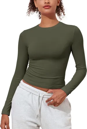 kayamiya Women's Basic Long Sleeve Cotton Shirts Tight Fit Fall Crewneck Trendy Y2K Crop Tops