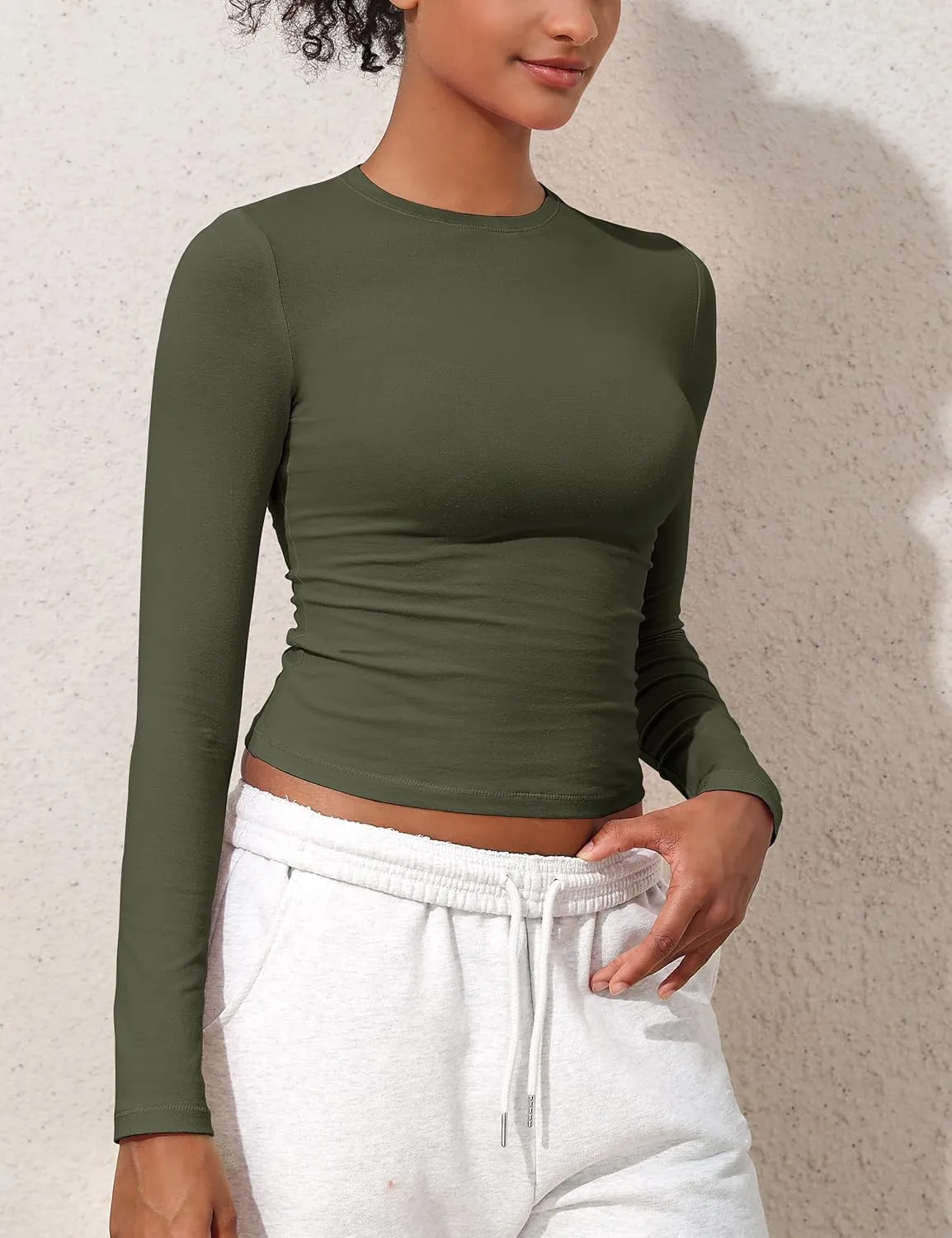 kayamiya Women's Basic Long Sleeve Cotton Shirts Tight Fit Fall Crewneck Trendy Y2K Crop Tops