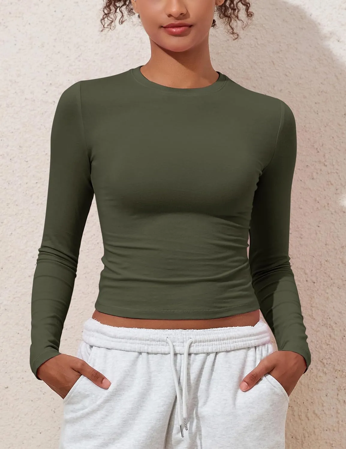 kayamiya Women's Basic Long Sleeve Cotton Shirts Tight Fit Fall Crewneck Trendy Y2K Crop Tops