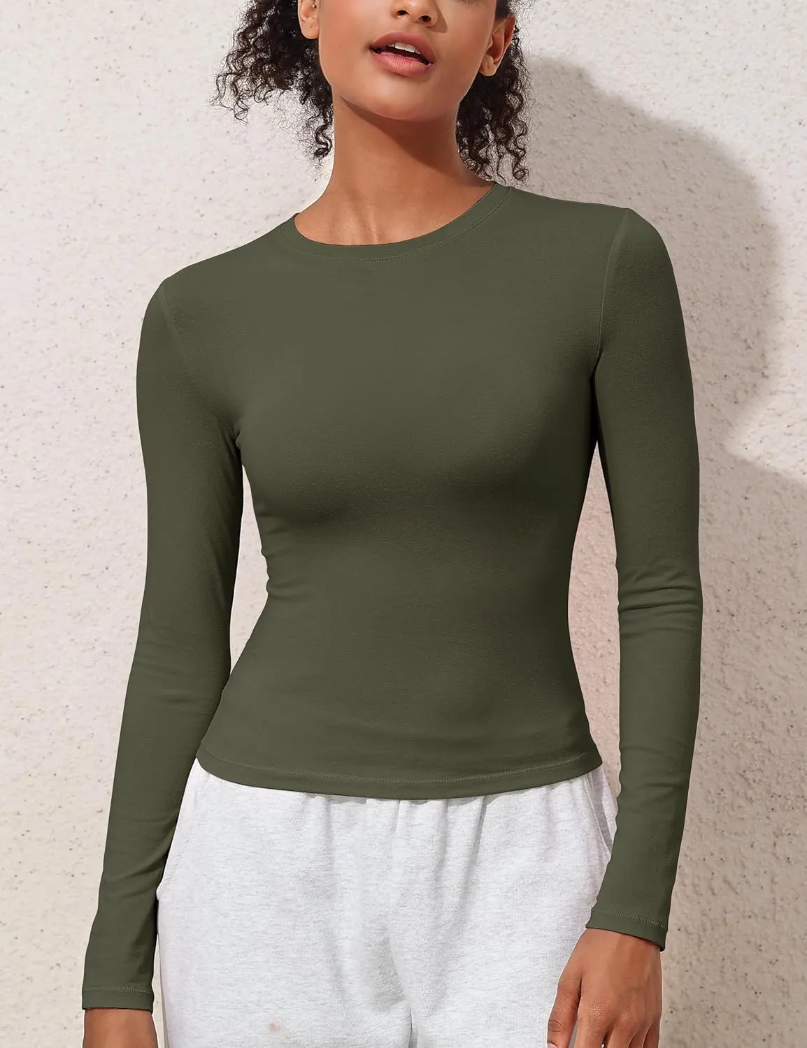 kayamiya Women's Basic Long Sleeve Cotton Shirts Tight Fit Fall Crewneck Trendy Y2K Crop Tops