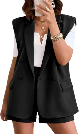 KIRUNDO Womens 2 Piece Sets Summer 2025 Dressy Sleeveless Blazer and High Waist Shorts Set Suit Business Casual Outfits