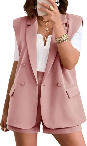 KIRUNDO Womens 2 Piece Sets Summer 2025 Dressy Sleeveless Blazer and High Waist Shorts Set Suit Business Casual Outfits