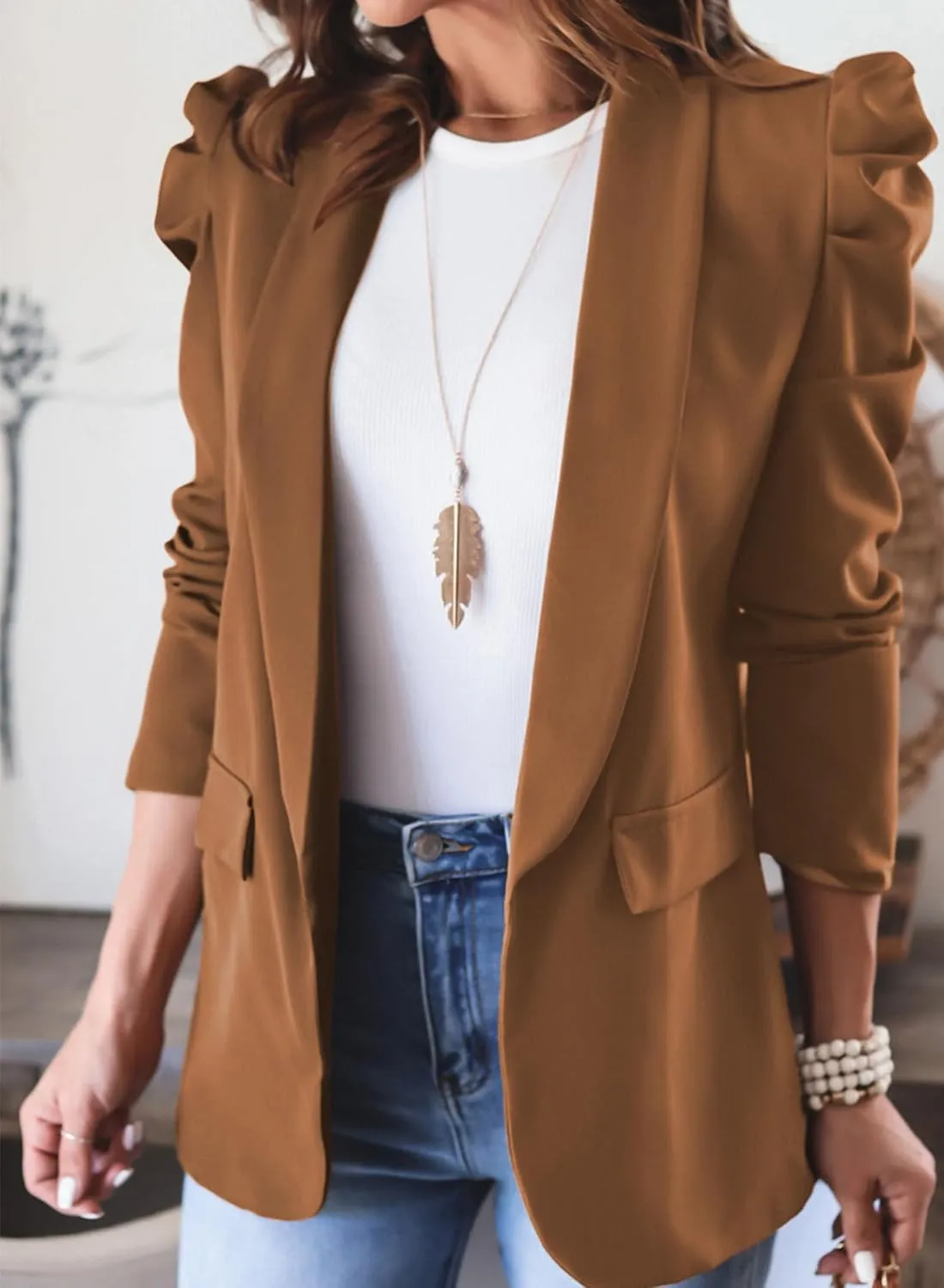 KIRUNDO Women's 2025 Spring Fall Casual Blazers Puff Sleeve Lapel Open Front Work Suit Office Blazer Jackets with Pockets