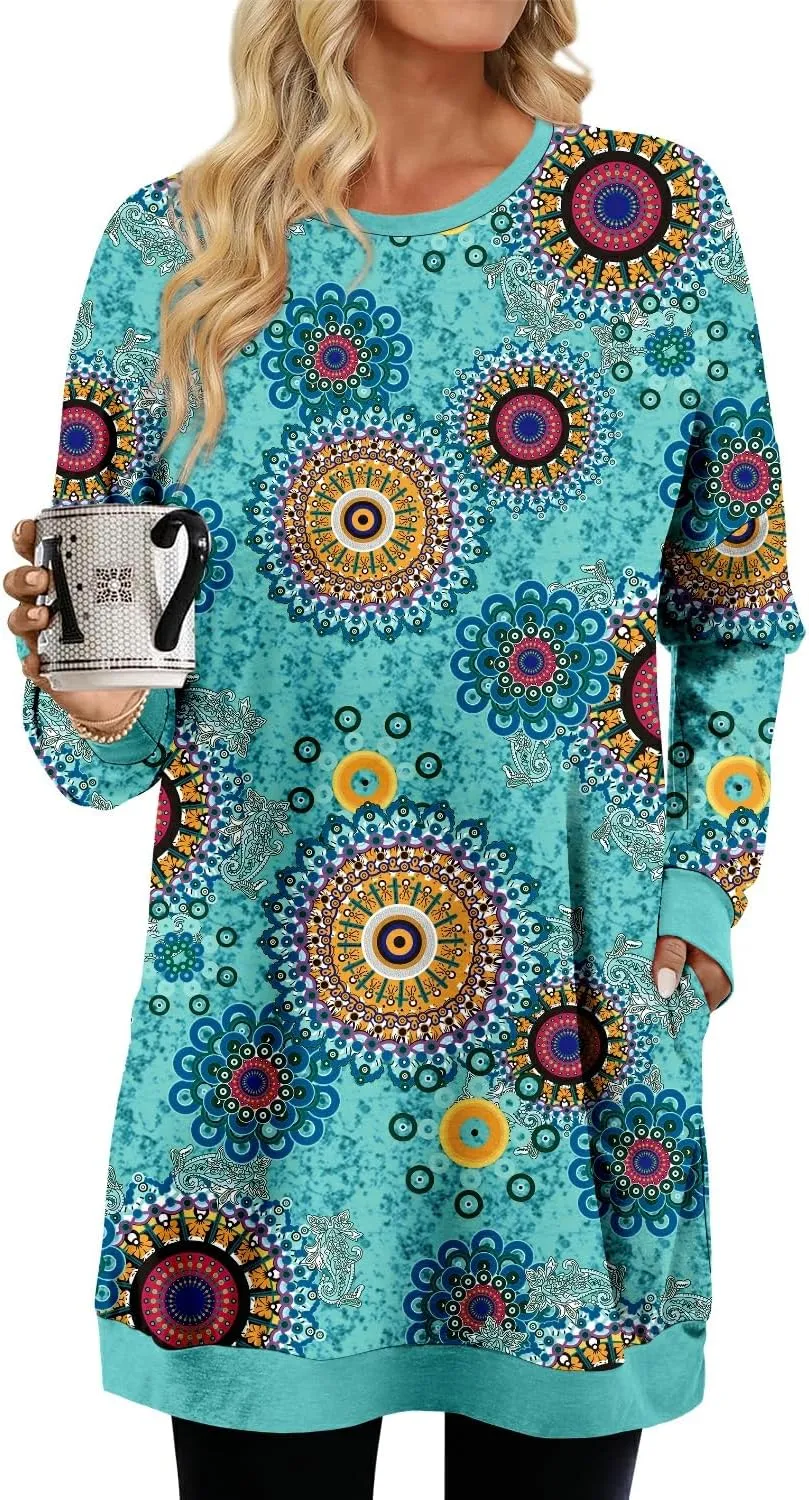 KISSMODA Women's Long Sleeve Tunic Tops Fall for Leggings Casual Long Tunics with Pockets T Shirts Loose S-3XL