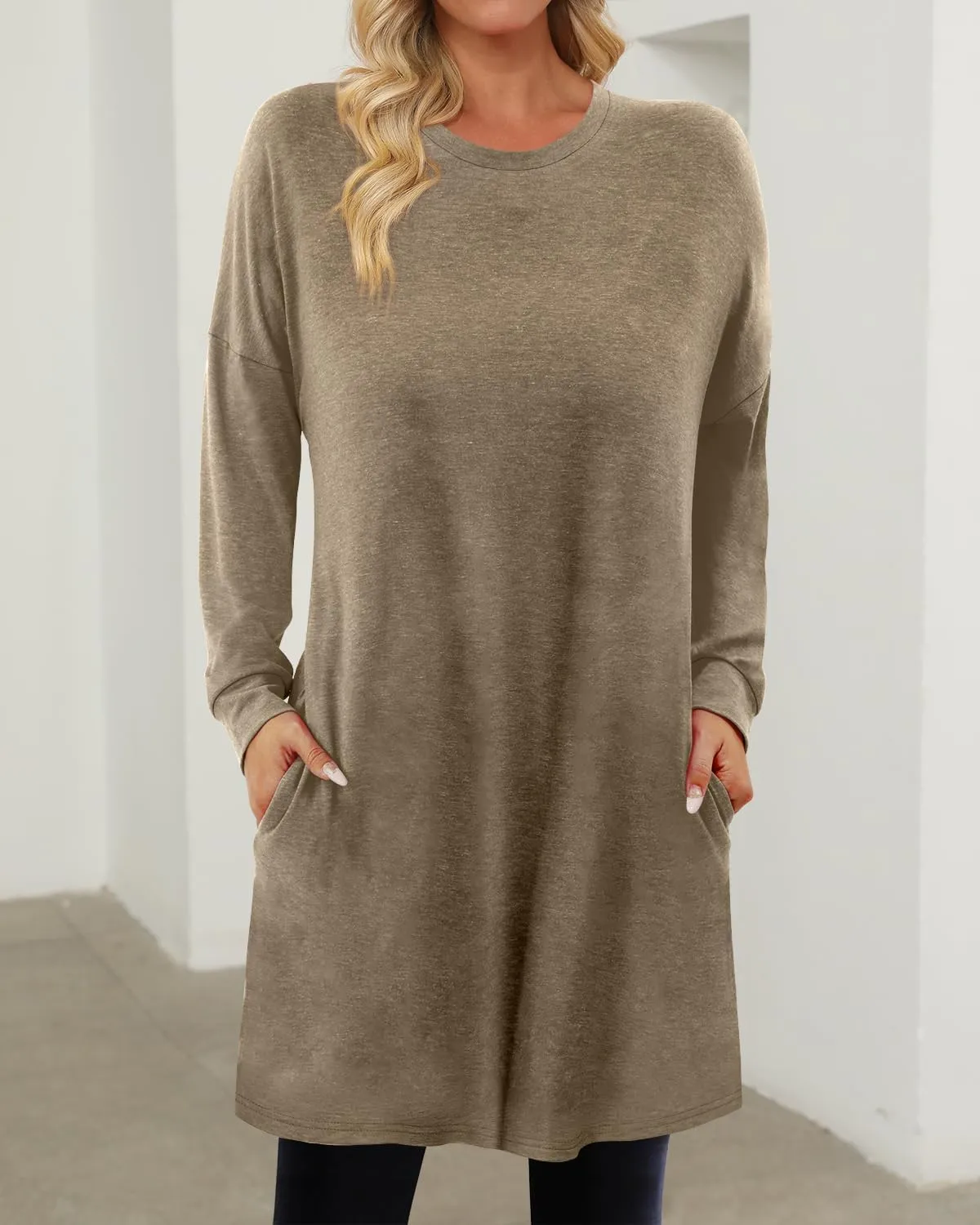 KISSMODA Women's Long Sleeve Tunic Tops Fall for Leggings Casual Long Tunics with Pockets T Shirts Loose S-3XL