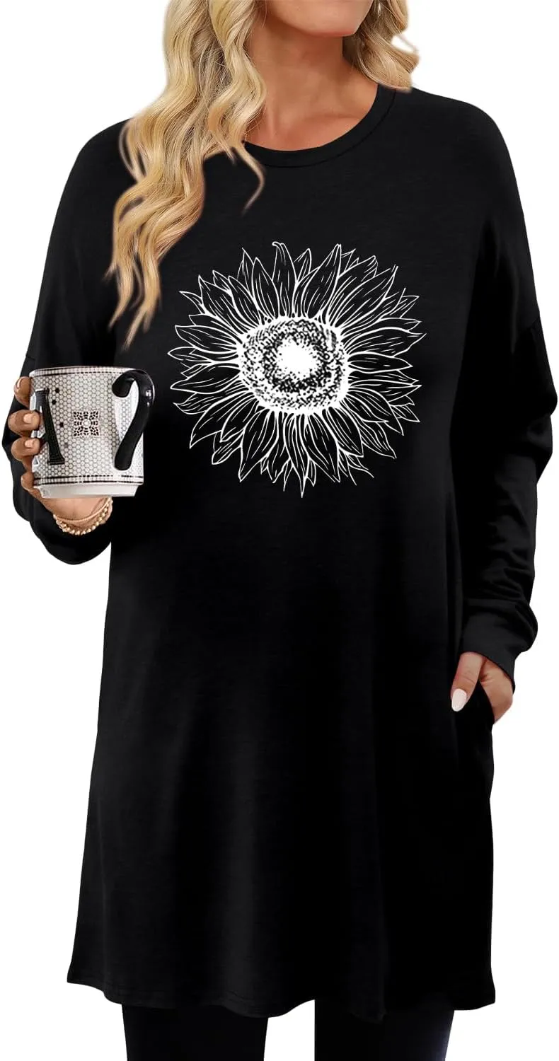 KISSMODA Women's Long Sleeve Tunic Tops Fall for Leggings Casual Long Tunics with Pockets T Shirts Loose S-3XL