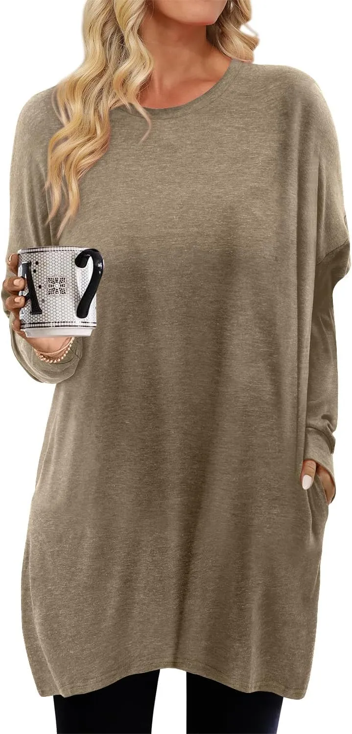 KISSMODA Women's Long Sleeve Tunic Tops Fall for Leggings Casual Long Tunics with Pockets T Shirts Loose S-3XL