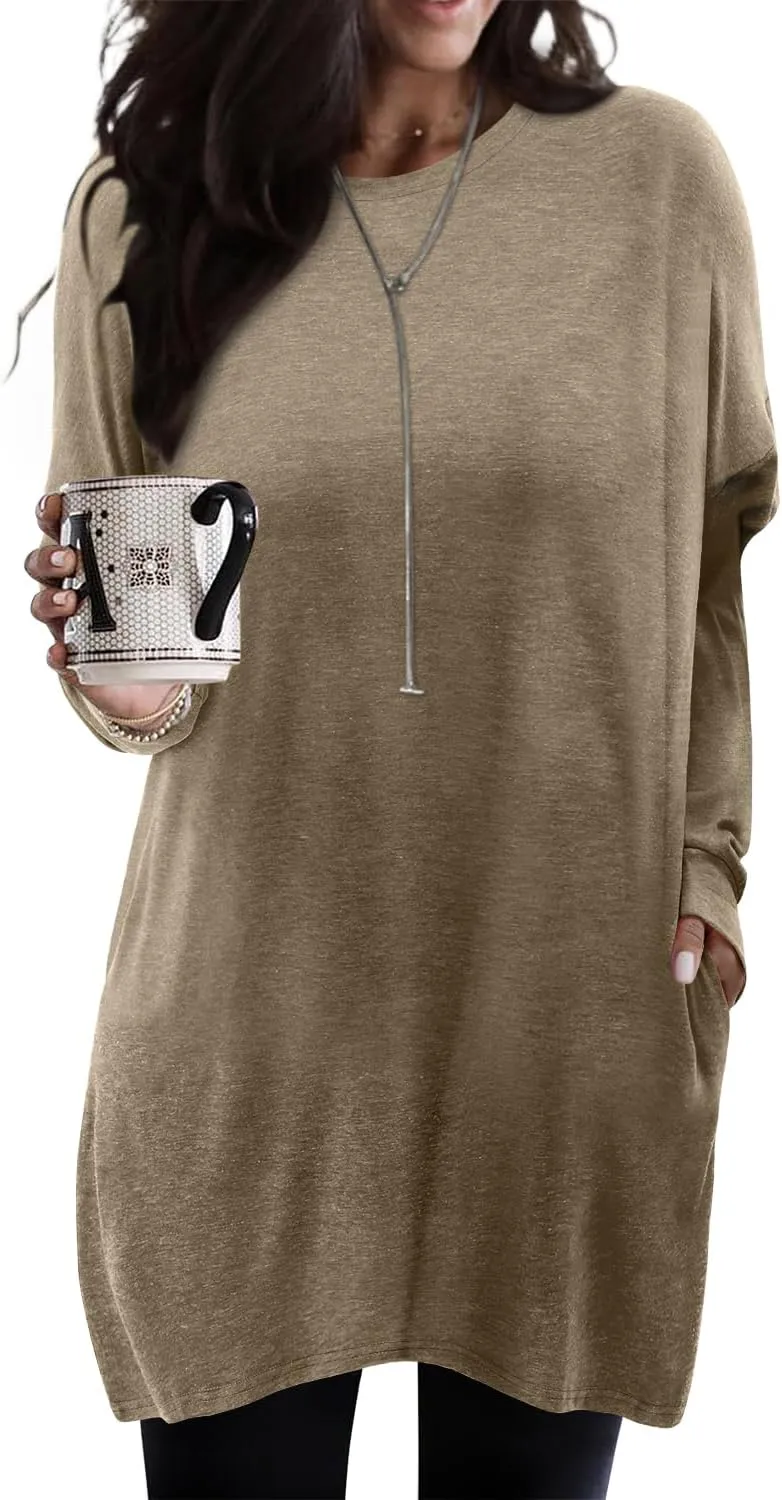 KISSMODA Women's Long Sleeve Tunic Tops Fall for Leggings Casual Long Tunics with Pockets T Shirts Loose S-3XL