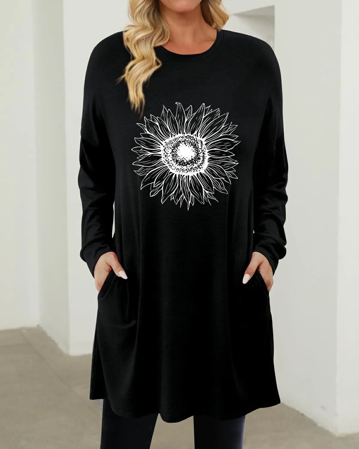 KISSMODA Women's Long Sleeve Tunic Tops Fall for Leggings Casual Long Tunics with Pockets T Shirts Loose S-3XL