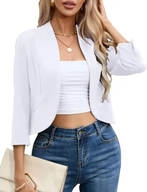 KOJOOIN Womens Cropped Blazer Casual Business 3/4 Sleeve Collarless Open Front Cardigan Work Jacket Shrug