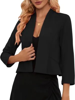 KOJOOIN Womens Cropped Blazer Casual Business 3/4 Sleeve Collarless Open Front Cardigan Work Jacket Shrug