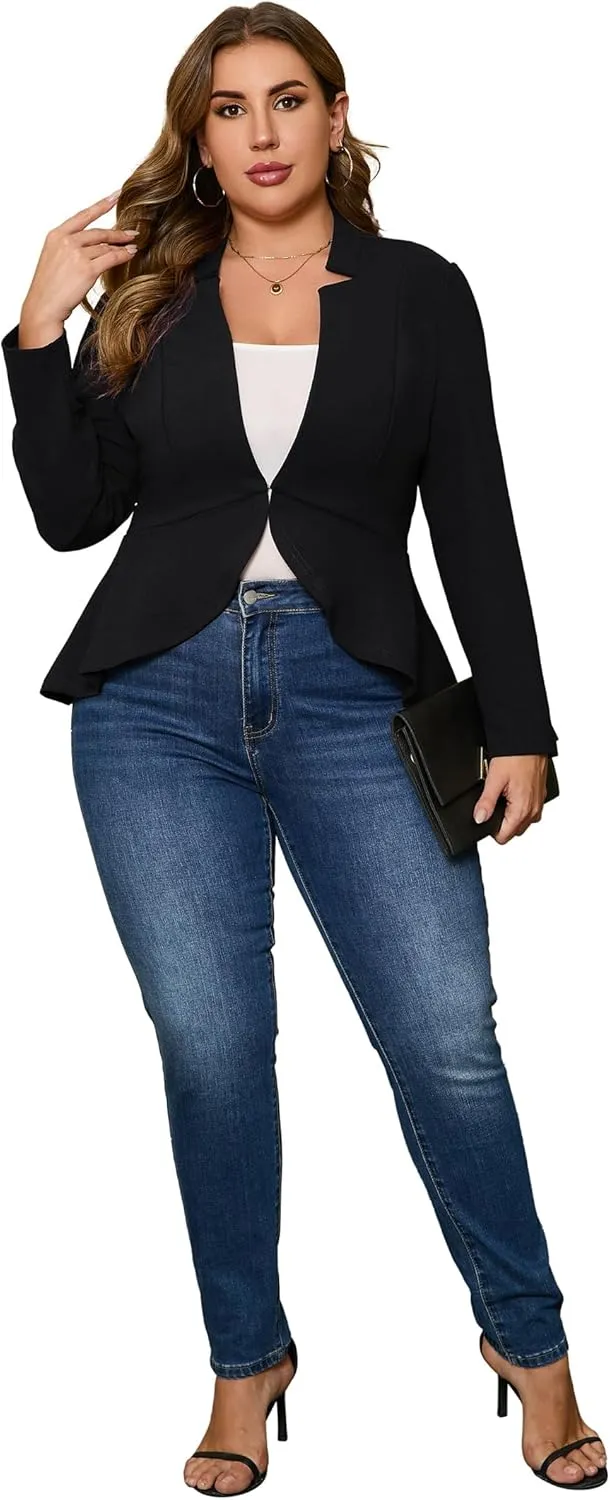 KOJOOIN Women's Plus Size Blazer Open Front Long Sleeve Ruffle Hem Oversized Coat Business Casual Suit Jacket