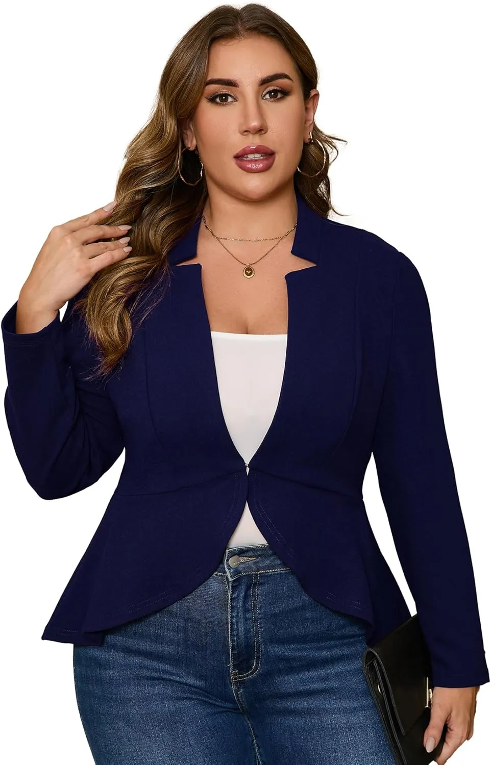 KOJOOIN Women's Plus Size Blazer Open Front Long Sleeve Ruffle Hem Oversized Coat Business Casual Suit Jacket