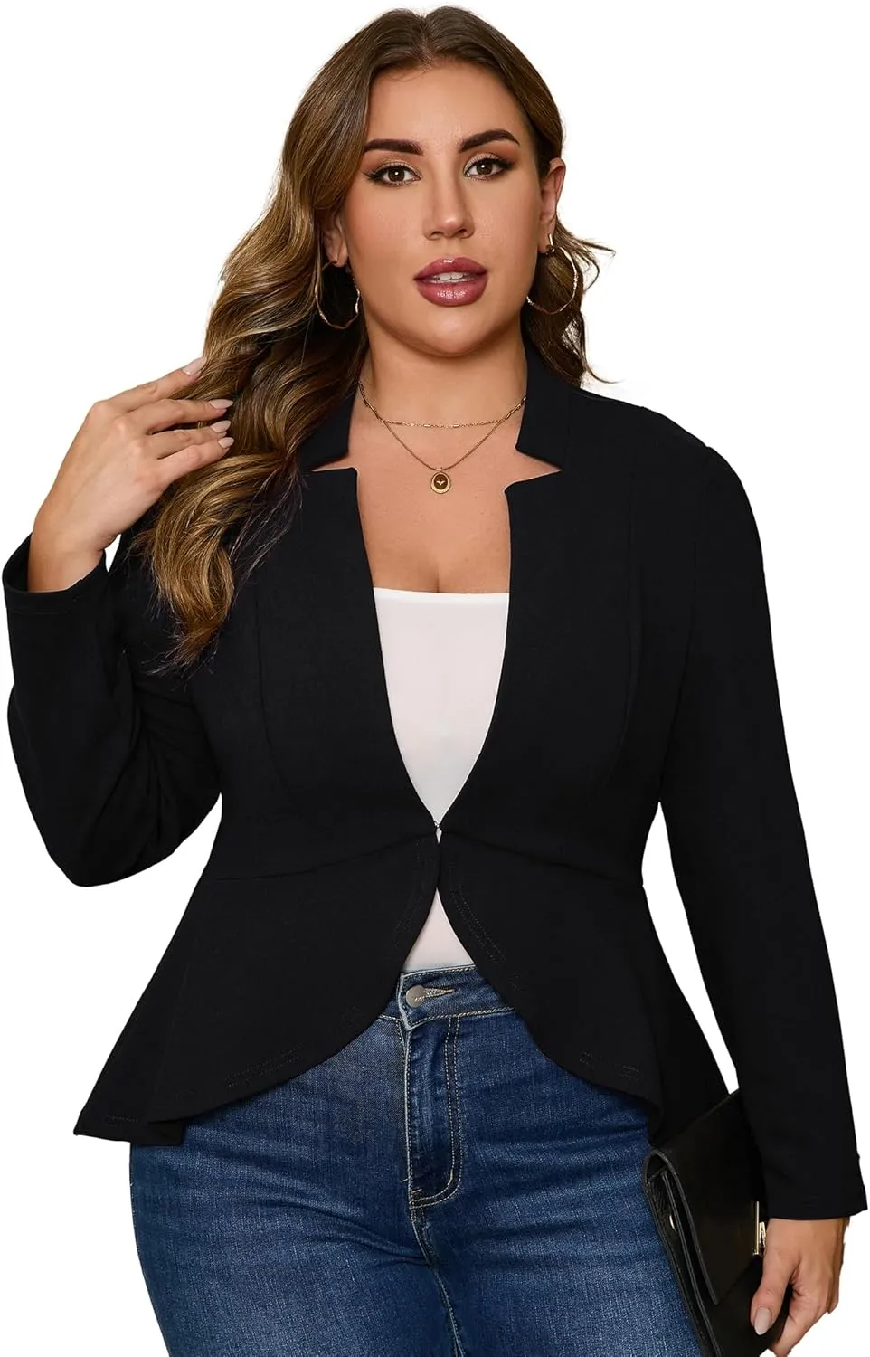 KOJOOIN Women's Plus Size Blazer Open Front Long Sleeve Ruffle Hem Oversized Coat Business Casual Suit Jacket