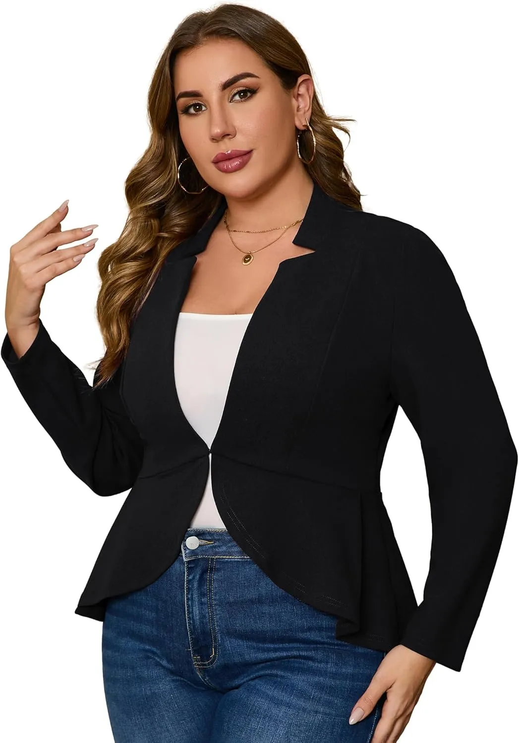 KOJOOIN Women's Plus Size Blazer Open Front Long Sleeve Ruffle Hem Oversized Coat Business Casual Suit Jacket